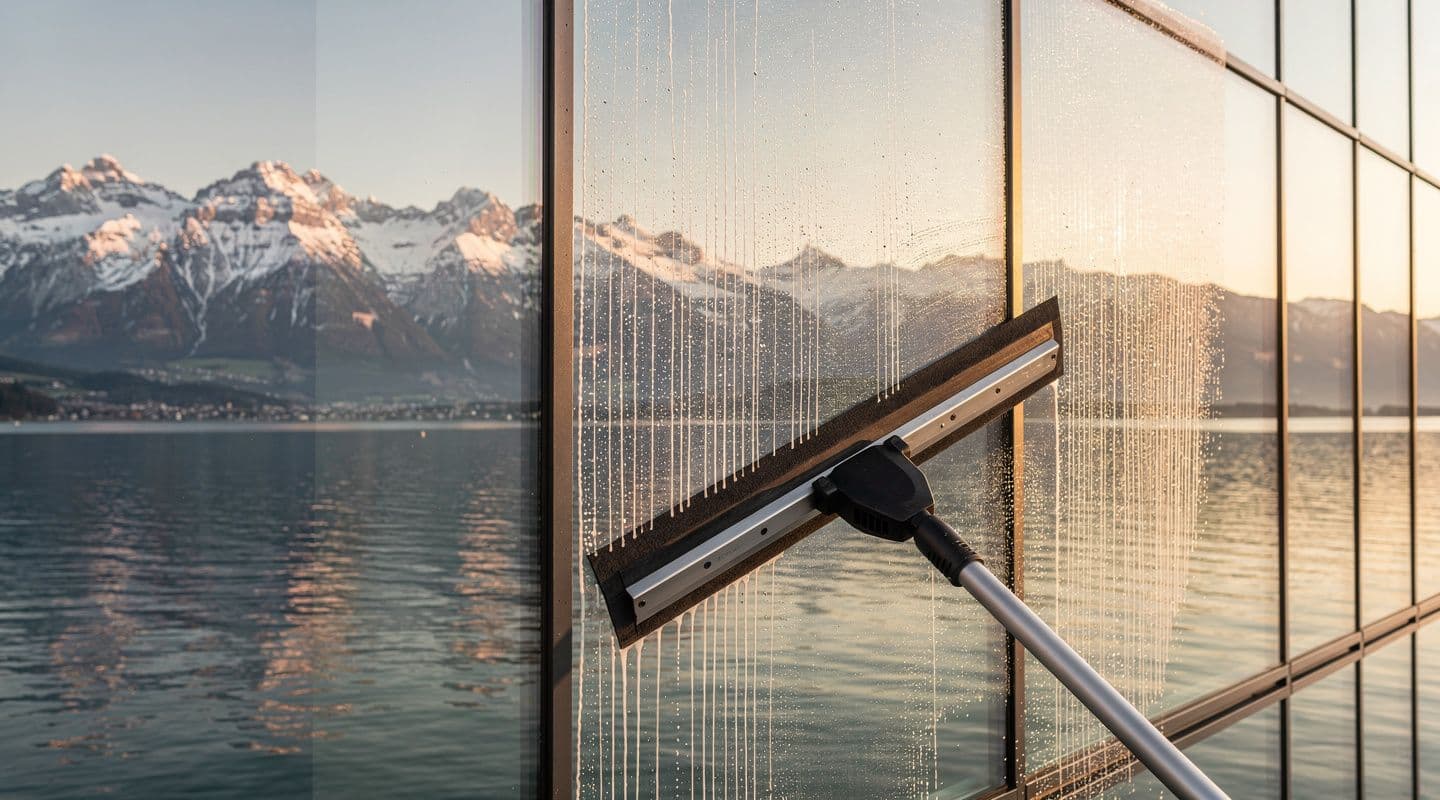 Glasfassaden-Reinigung mit Bodensee-Spiegelung
